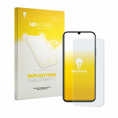 Vorderseite einer Produktverpackung mit dem Markenlogo upscreen. Daneben ist das Gerät realme C100x mit dem zugehörigen Displa