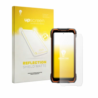 Vorderseite einer Produktverpackung mit dem Markenlogo upscreen. Daneben ist das Gerät Blackview Rock 2 mit dem zugehörigen Di