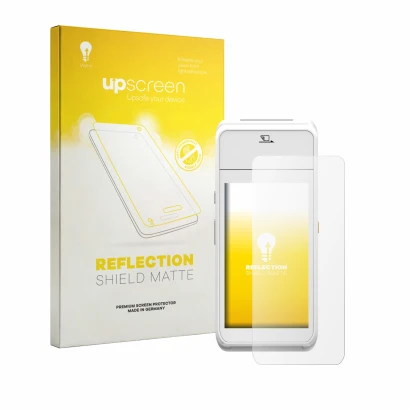 Vorderseite einer Produktverpackung mit dem Markenlogo upscreen. Daneben ist das Gerät Pax A99 mit dem zugehörigen Displayschu
