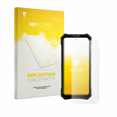 Vorderseite einer Produktverpackung mit dem Markenlogo upscreen. Daneben ist das Gerät Doogee V50 mit dem zugehörigen Displays