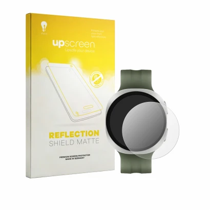 Vorderseite einer Produktverpackung mit dem Markenlogo upscreen. Daneben ist das Gerät Samsung Galaxy Watch 9 (40 mm) mit dem
