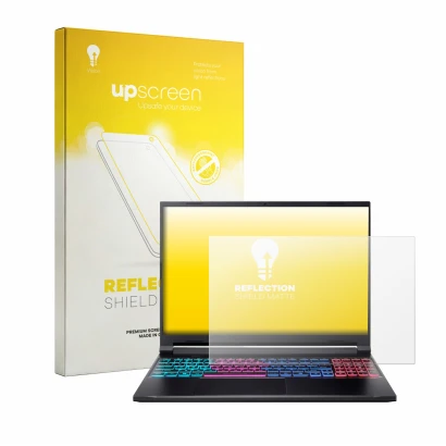 Vorderseite einer Produktverpackung mit dem Markenlogo upscreen. Daneben ist das Gerät Acer Nitro V16S mit dem zugehörigen Dis