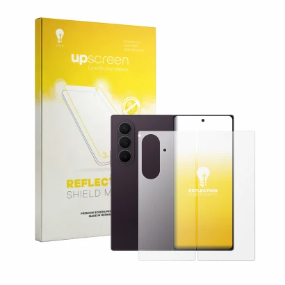 Vorderseite einer Produktverpackung mit dem Markenlogo upscreen. Daneben ist das Gerät Samsung Galaxy Z Fold 8 Ultra (Display+