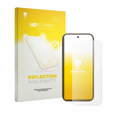 Vorderseite einer Produktverpackung mit dem Markenlogo upscreen. Daneben ist das Gerät Google Pixel 11 Pro mit dem zugehörigen