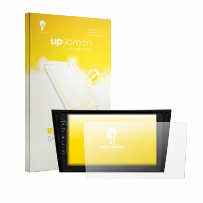 Vorderseite einer Produktverpackung mit dem Markenlogo upscreen. Daneben ist das Gerät Dynavin D10-W211 Premium mit dem zugehö