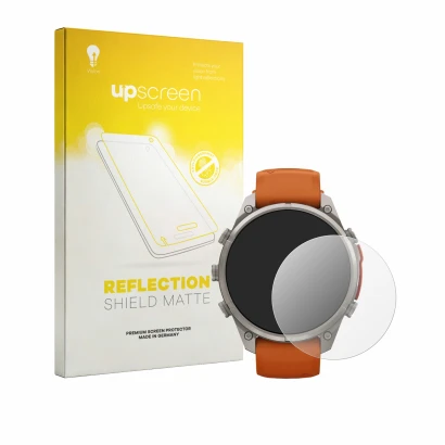 Vorderseite einer Produktverpackung mit dem Markenlogo upscreen. Daneben ist das Gerät Garmin Fenix 9 Pro (47 mm) mit dem zuge