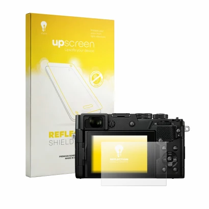 Vorderseite einer Produktverpackung mit dem Markenlogo upscreen. Daneben ist das Gerät OM System PEN mit dem zugehörigen Displ