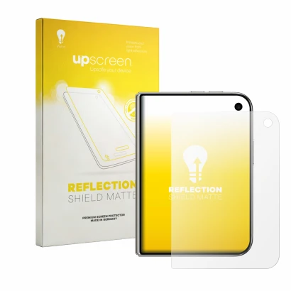 Vorderseite einer Produktverpackung mit dem Markenlogo upscreen. Daneben ist das Gerät Apple iPhone Duo mit dem zugehörigen Di