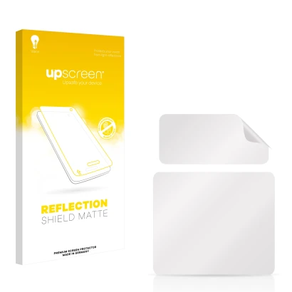 Vorderseite einer Produktverpackung mit dem Markenlogo upscreen. Daneben ist der zugehörige Displayschutz.