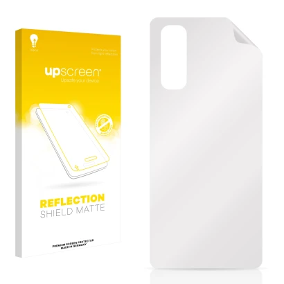 Vorderseite einer Produktverpackung mit dem Markenlogo upscreen. Daneben ist der zugehörige Displayschutz.