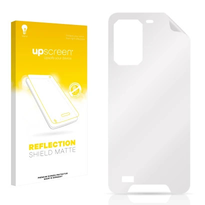 Vorderseite einer Produktverpackung mit dem Markenlogo upscreen. Daneben ist der zugehörige Displayschutz.