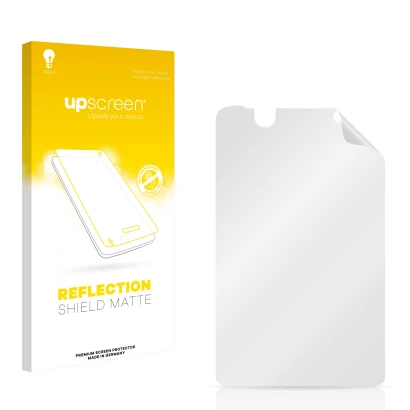 Vorderseite einer Produktverpackung mit dem Markenlogo upscreen. Daneben ist der zugehörige Displayschutz.