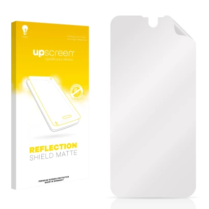 Vorderseite einer Produktverpackung mit dem Markenlogo upscreen. Daneben ist der zugehörige Displayschutz.