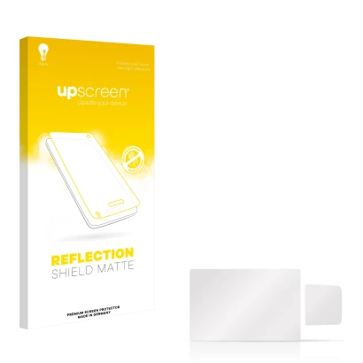 Vorderseite einer Produktverpackung mit dem Markenlogo upscreen. Daneben ist der zugehörige Displayschutz.