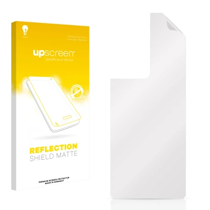 Vorderseite einer Produktverpackung mit dem Markenlogo upscreen. Daneben ist der zugehörige Displayschutz.