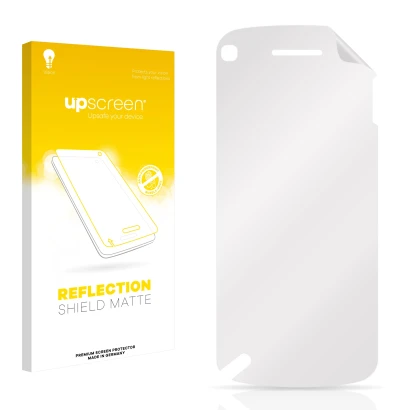 Vorderseite einer Produktverpackung mit dem Markenlogo upscreen. Daneben ist der zugehörige Displayschutz.