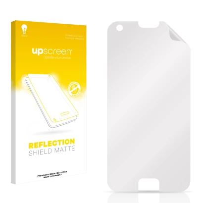 Vorderseite einer Produktverpackung mit dem Markenlogo upscreen. Daneben ist der zugehörige Displayschutz.