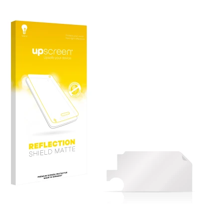 Vorderseite einer Produktverpackung mit dem Markenlogo upscreen. Daneben ist der zugehörige Displayschutz.