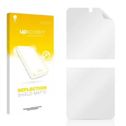 Vorderseite einer Produktverpackung mit dem Markenlogo upscreen. Daneben ist der zugehörige Displayschutz.