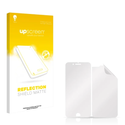 Vorderseite einer Produktverpackung mit dem Markenlogo upscreen. Daneben ist der zugehörige Displayschutz.