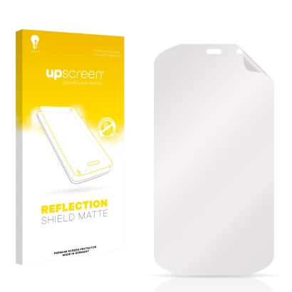 Vorderseite einer Produktverpackung mit dem Markenlogo upscreen. Daneben ist der zugehörige Displayschutz.