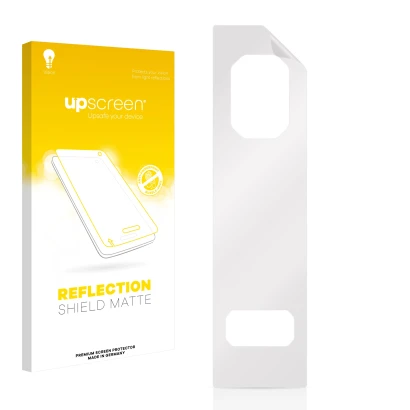 Vorderseite einer Produktverpackung mit dem Markenlogo upscreen. Daneben ist der zugehörige Displayschutz.