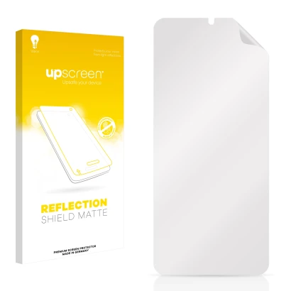 Vorderseite einer Produktverpackung mit dem Markenlogo upscreen. Daneben ist der zugehörige Displayschutz.