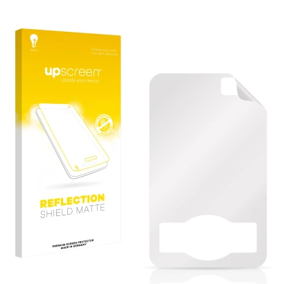 Vorderseite einer Produktverpackung mit dem Markenlogo upscreen. Daneben ist der zugehörige Displayschutz.