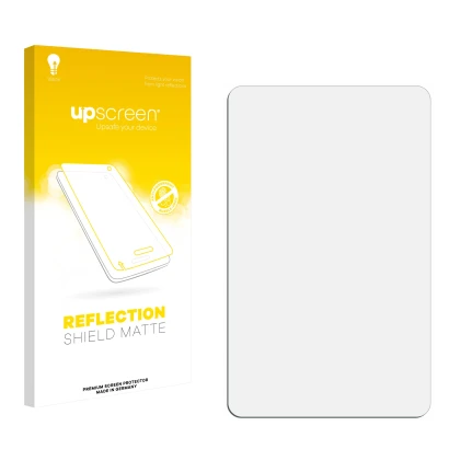 Vorderseite einer Produktverpackung mit dem Markenlogo upscreen. Daneben ist der zugehörige Displayschutz.