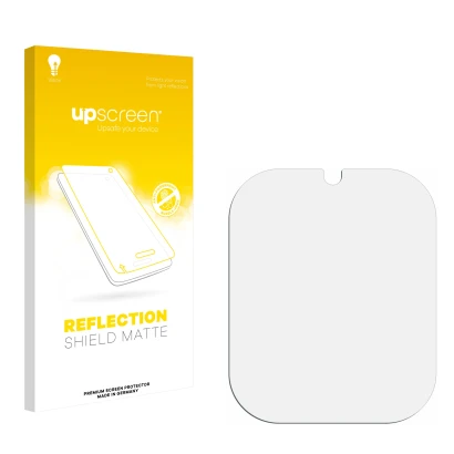 Vorderseite einer Produktverpackung mit dem Markenlogo upscreen. Daneben ist der zugehörige Displayschutz.