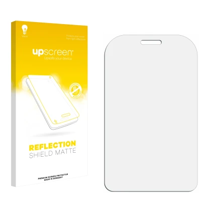 Vorderseite einer Produktverpackung mit dem Markenlogo upscreen. Daneben ist der zugehörige Displayschutz.