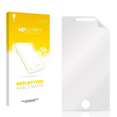 Vorderseite einer Produktverpackung mit dem Markenlogo upscreen. Daneben ist der zugehörige Displayschutz.