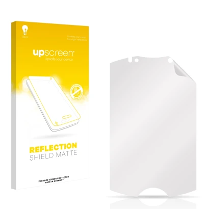 Vorderseite einer Produktverpackung mit dem Markenlogo upscreen. Daneben ist der zugehörige Displayschutz.
