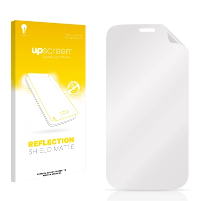 Vorderseite einer Produktverpackung mit dem Markenlogo upscreen. Daneben ist der zugehörige Displayschutz.