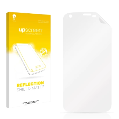 Vorderseite einer Produktverpackung mit dem Markenlogo upscreen. Daneben ist der zugehörige Displayschutz.