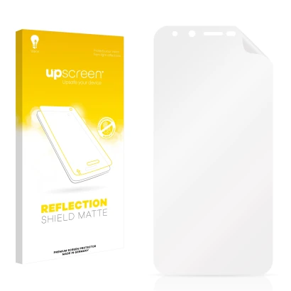 Vorderseite einer Produktverpackung mit dem Markenlogo upscreen. Daneben ist der zugehörige Displayschutz.