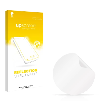 Vorderseite einer Produktverpackung mit dem Markenlogo upscreen. Daneben ist der zugehörige Displayschutz.