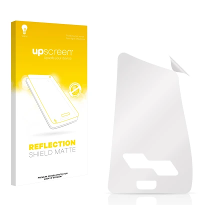 Vorderseite einer Produktverpackung mit dem Markenlogo upscreen. Daneben ist der zugehörige Displayschutz.