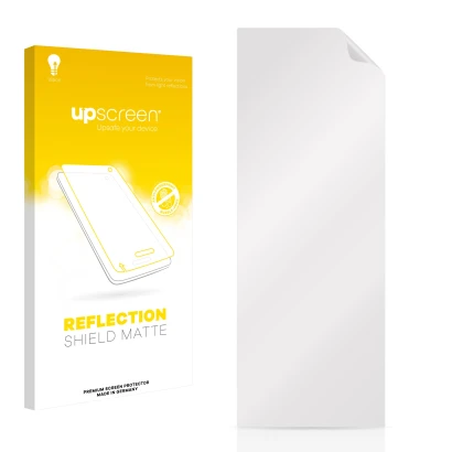 Vorderseite einer Produktverpackung mit dem Markenlogo upscreen. Daneben ist der zugehörige Displayschutz.
