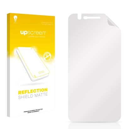 Vorderseite einer Produktverpackung mit dem Markenlogo upscreen. Daneben ist der zugehörige Displayschutz.