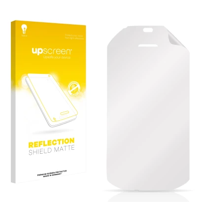 Vorderseite einer Produktverpackung mit dem Markenlogo upscreen. Daneben ist der zugehörige Displayschutz.