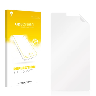 Vorderseite einer Produktverpackung mit dem Markenlogo upscreen. Daneben ist der zugehörige Displayschutz.