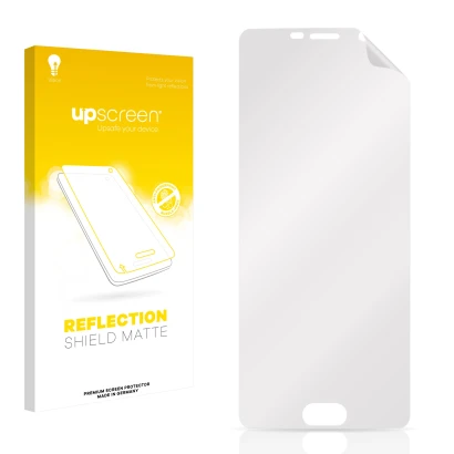 Vorderseite einer Produktverpackung mit dem Markenlogo upscreen. Daneben ist der zugehörige Displayschutz.