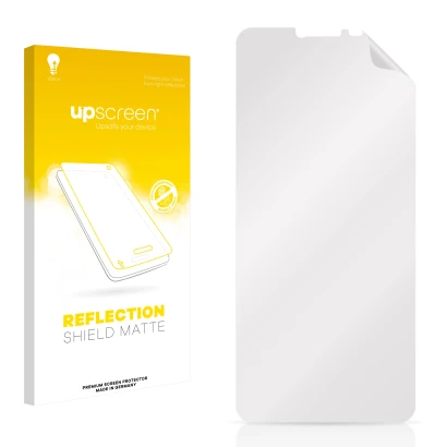 Vorderseite einer Produktverpackung mit dem Markenlogo upscreen. Daneben ist der zugehörige Displayschutz.
