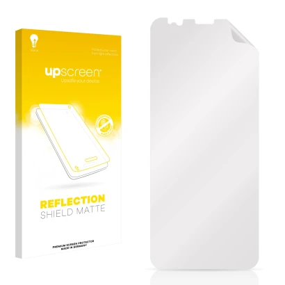 Vorderseite einer Produktverpackung mit dem Markenlogo upscreen. Daneben ist der zugehörige Displayschutz.