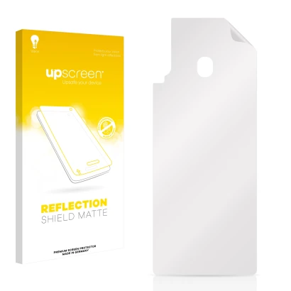 Vorderseite einer Produktverpackung mit dem Markenlogo upscreen. Daneben ist der zugehörige Displayschutz.