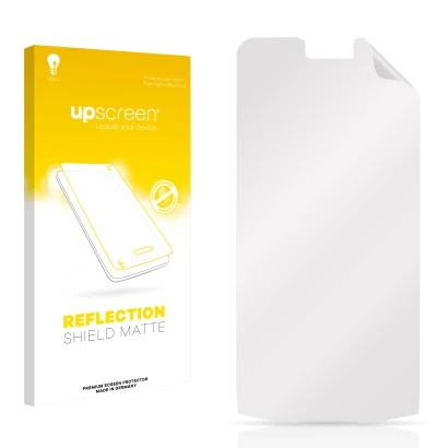 Vorderseite einer Produktverpackung mit dem Markenlogo upscreen. Daneben ist der zugehörige Displayschutz.