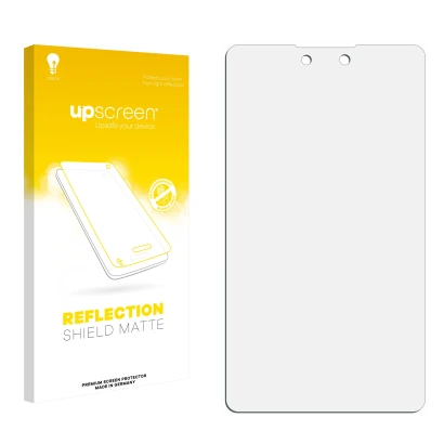 Vorderseite einer Produktverpackung mit dem Markenlogo upscreen. Daneben ist der zugehörige Displayschutz.
