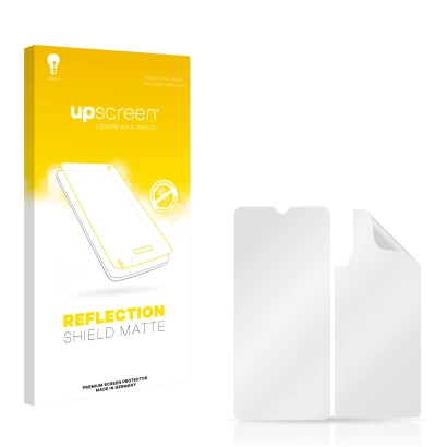 Vorderseite einer Produktverpackung mit dem Markenlogo upscreen. Daneben ist der zugehörige Displayschutz.