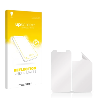 Vorderseite einer Produktverpackung mit dem Markenlogo upscreen. Daneben ist der zugehörige Displayschutz.